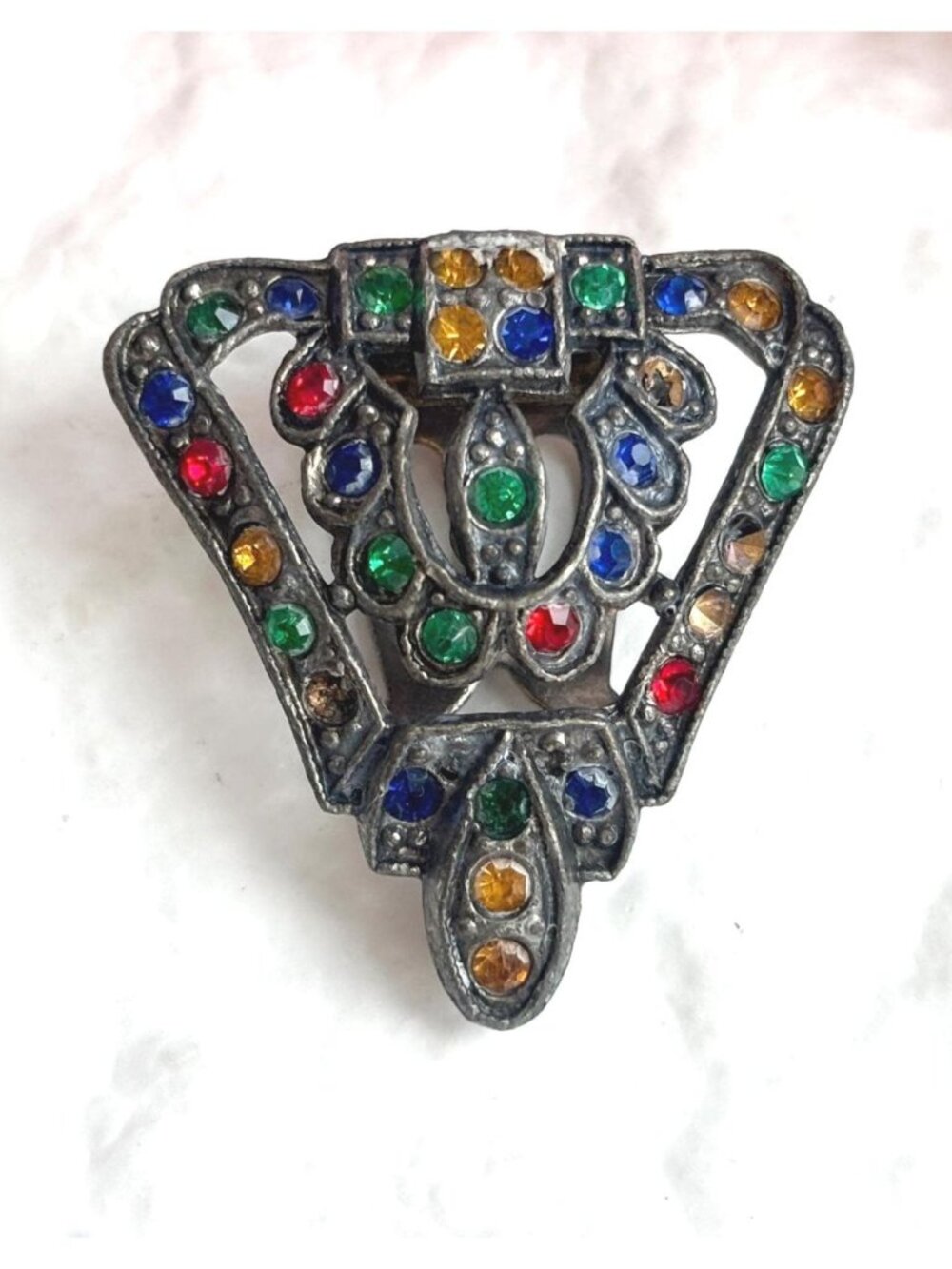 Triangular Art Deco Rainbow Fruit Salad Rhinestone Vintage Dress Clip | Fur Clip